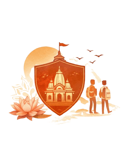 Illustration of two students looking at the temple within a shield emblem