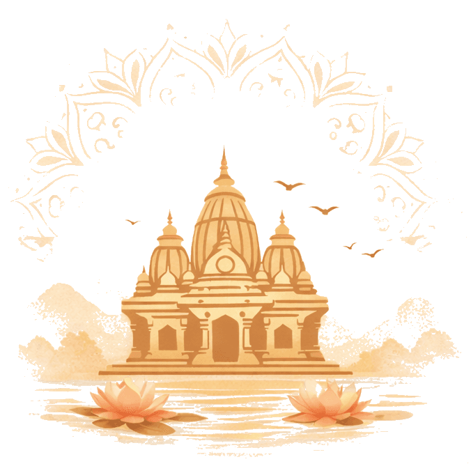 Watercolor illustration of the Nagara temple with lotus flowers and mandala